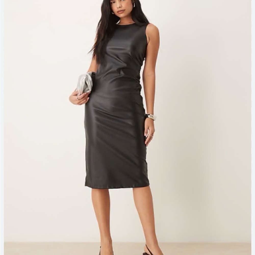 Faux Leather Sleeveless Dress with Side Slit and Side Ruching, Black, Size L